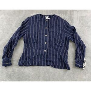 SILX Women Navy Blue Pinstripe 100% Silk Button Front Blouse 3P NWT 875236P